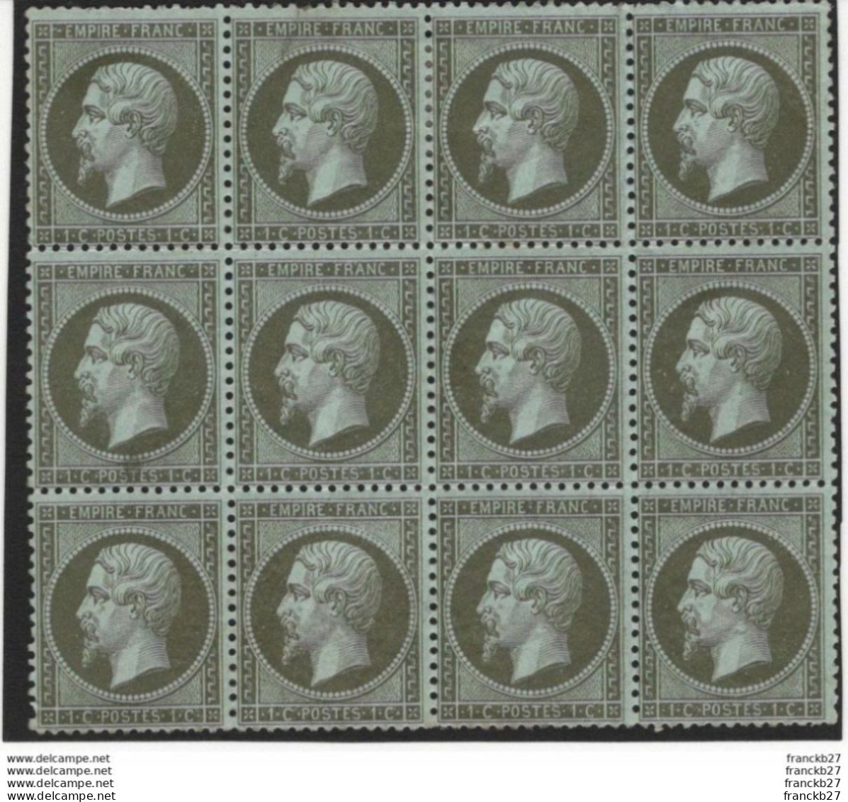 France - YT 19 - Napoléon III Empire Franc 1c Vert Olive - Bloc De 12 Timbres Non Oblitérés - 1862 Napoleone III