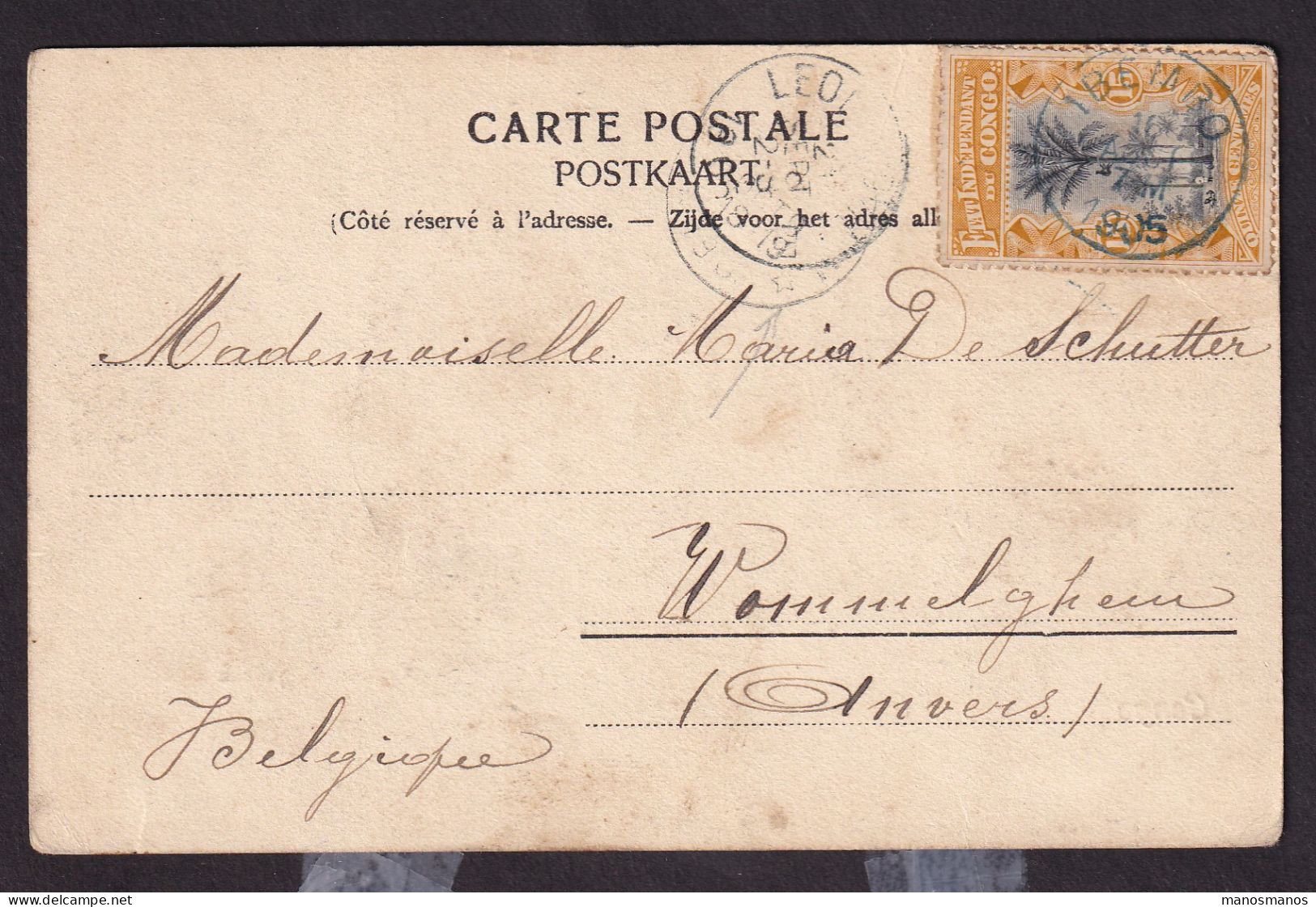 DDGG 012 - Carte-Vue TP Mols 15 C  Etat Indépendant IBEMBO (UELE) 1905 Via LEO Vers Relais WOMMELGHEM Belgique - Covers & Documents