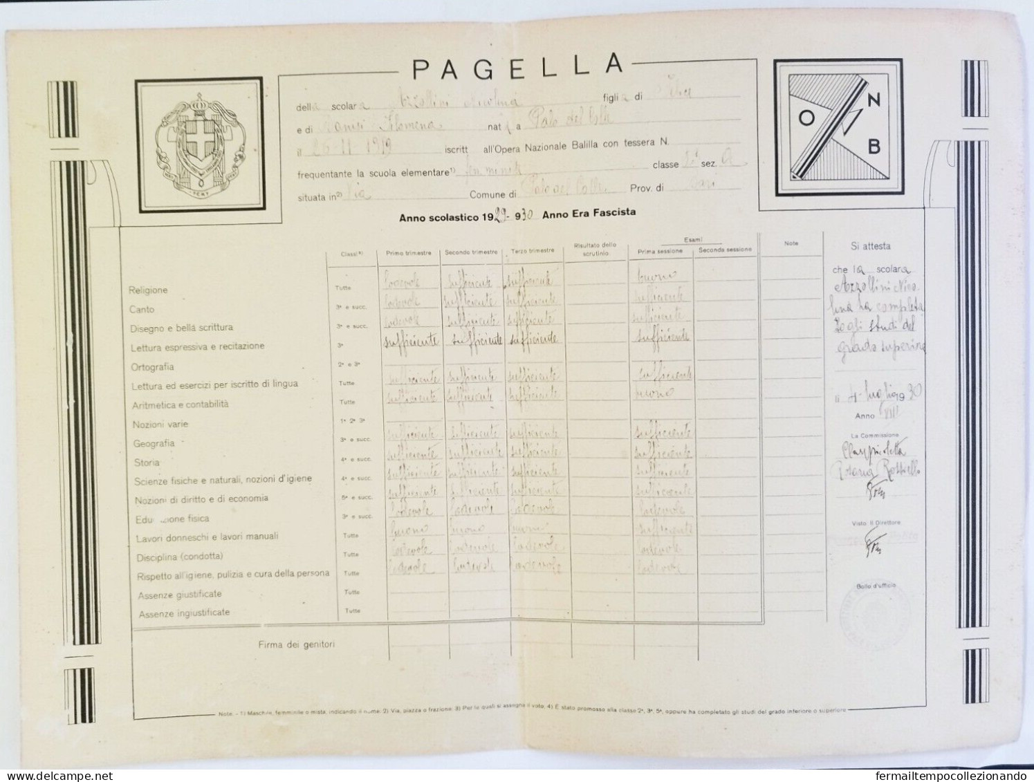 Bp66 Pagella Fascista Opera Balilla Regno D'italia  Palo Del Colle Bari - Diploma & School Reports