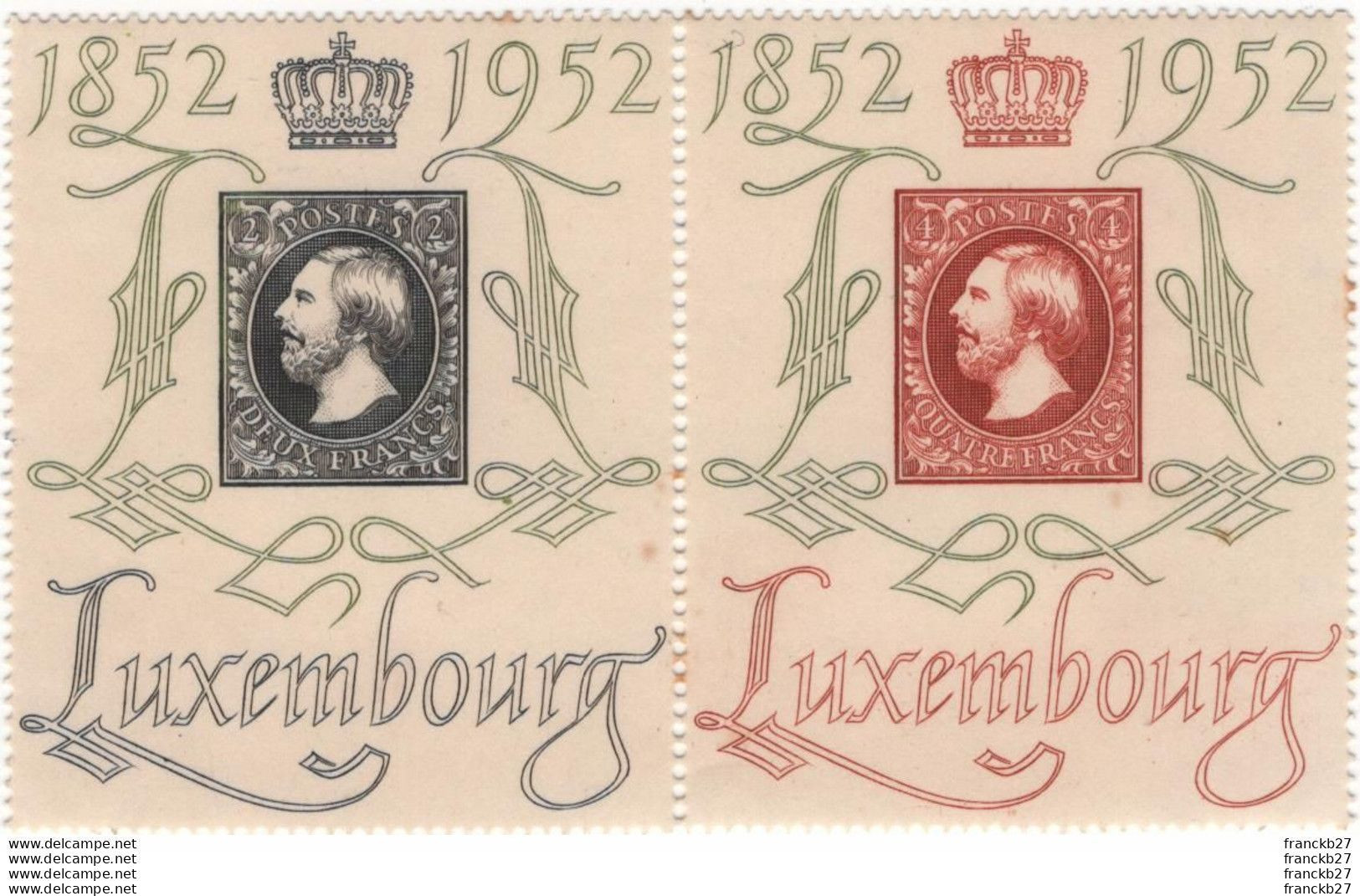 Luxembourg - Bloc De 2 Timbres De 2 Et 4 Fr - 1852-1952 - Neufs