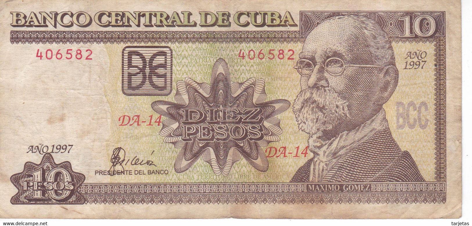 BILLETE DE CUBA DE 10 PESOS DEL AÑO 1997 (BANKNOTE) MAXIMO GOMEZ - Cuba