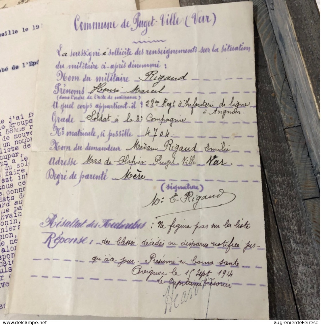 Documents Autour De La Disparition Du Poilu Henri Rigaud, 58eme Régiment D’infanterie 1915 Mort Pour La France - 1914-18