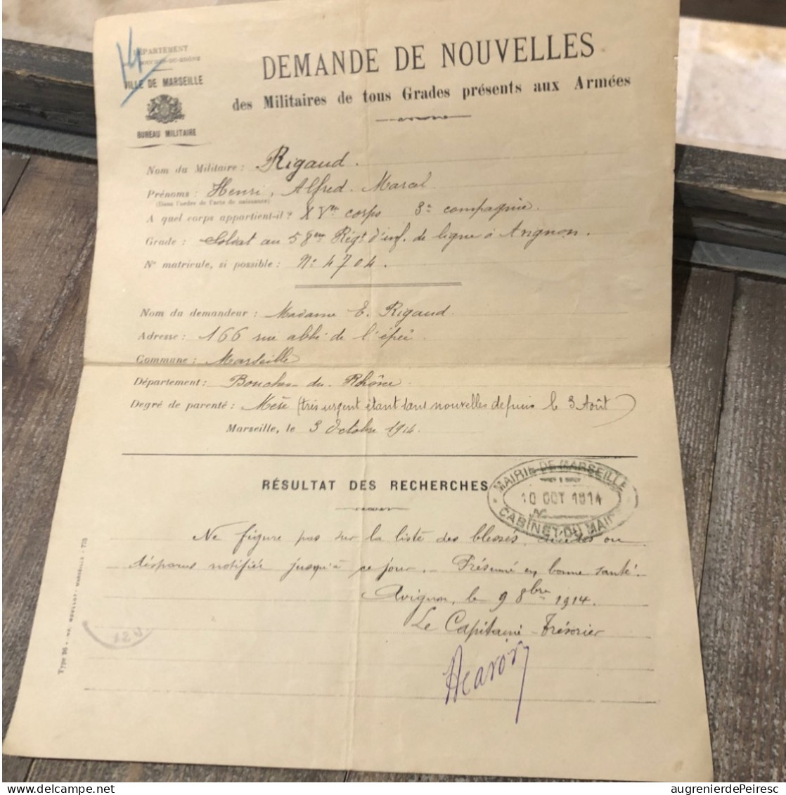 Documents Autour De La Disparition Du Poilu Henri Rigaud, 58eme Régiment D’infanterie 1915 Mort Pour La France - 1914-18