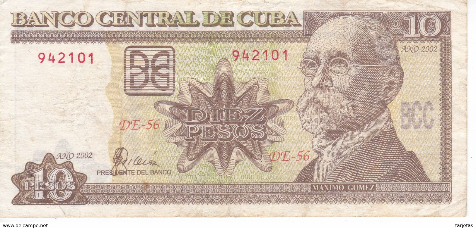 BILLETE DE CUBA DE 10 PESOS DEL AÑO 2002 (BANKNOTE) MAXIMO GOMEZ - Kuba