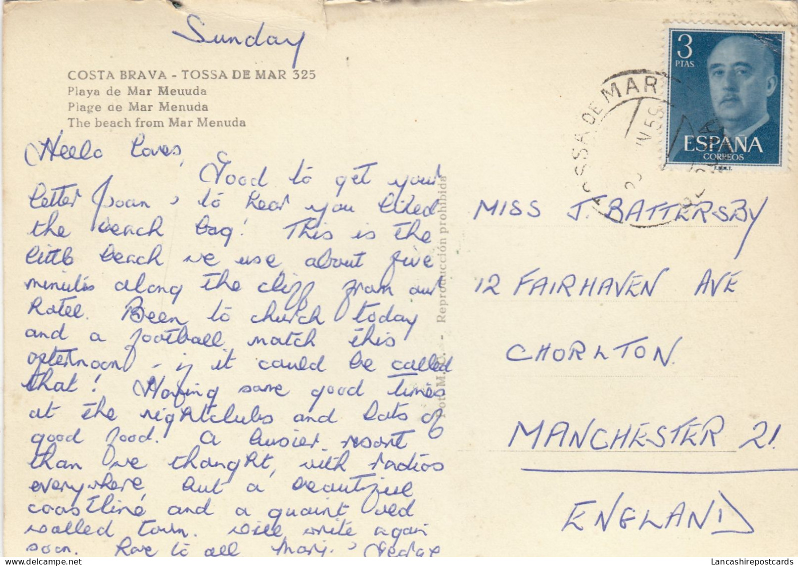 Postcard Genealogy Joan Battersby Chorlton Manchester PU 1959 My Ref B26478 - Genealogie