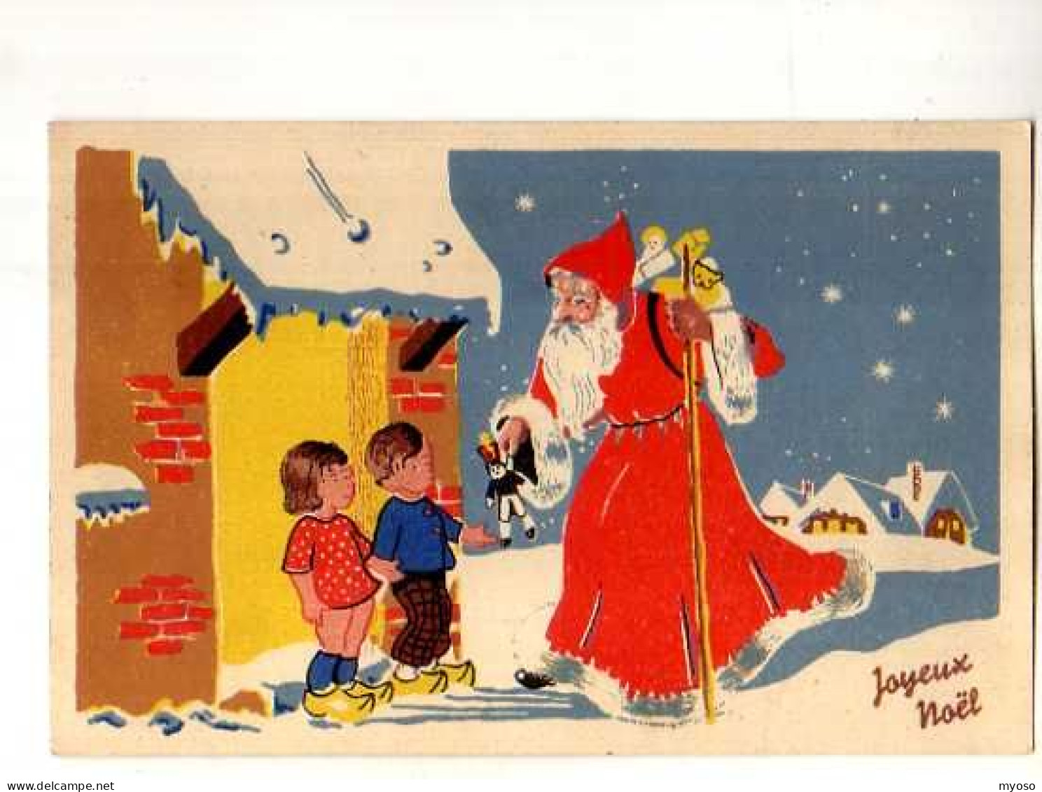 Joyeux Noel, Pere Noel Apportant Un Pantin A 2 Enfants Sur Le Pas De La Porte, Illustrateur, Neige - Santa Claus