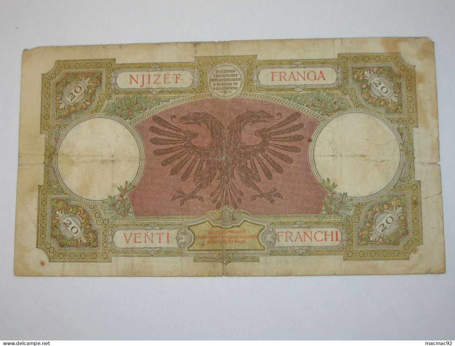 ALBANIE - 100 Njizet Franga 1939 (date Non Marqué) - Banca Nazionale D'Albania   **** EN ACHAT IMMEDIAT **** - Albania