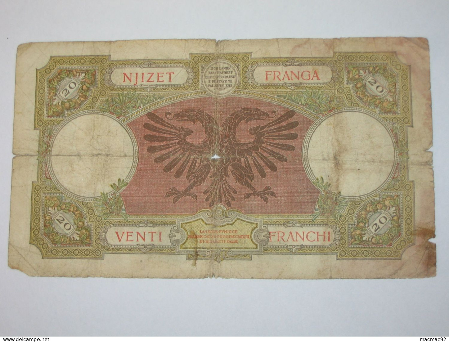 ALBANIE - 100 Njizet Franga 1939 (date Non Marqué) - Banca Nazionale D'Albania   **** EN ACHAT IMMEDIAT **** - Albania