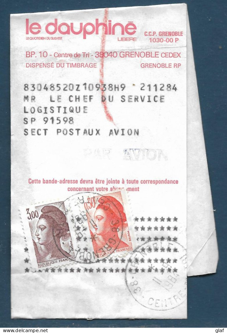 Bande De Journal Par Avion Pour Le Secteur Postal 91598 (Polynésie) Affr. 3,00 Et 0,30 Liberté De Gandon En 1984 - Tarifas Postales