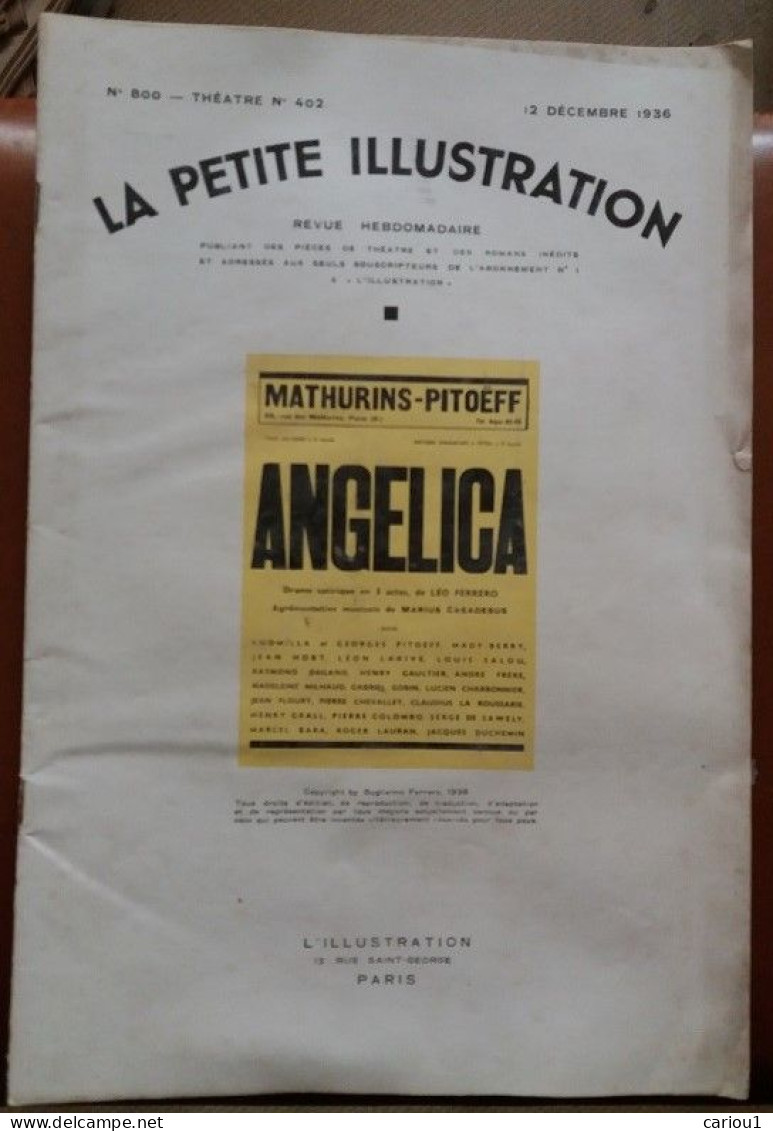 C1  ITALIE Leo FERRERO - ANGELICA 1936 Petite Illustration Theatre PITOEFF Port Inclus France - 1901-1940
