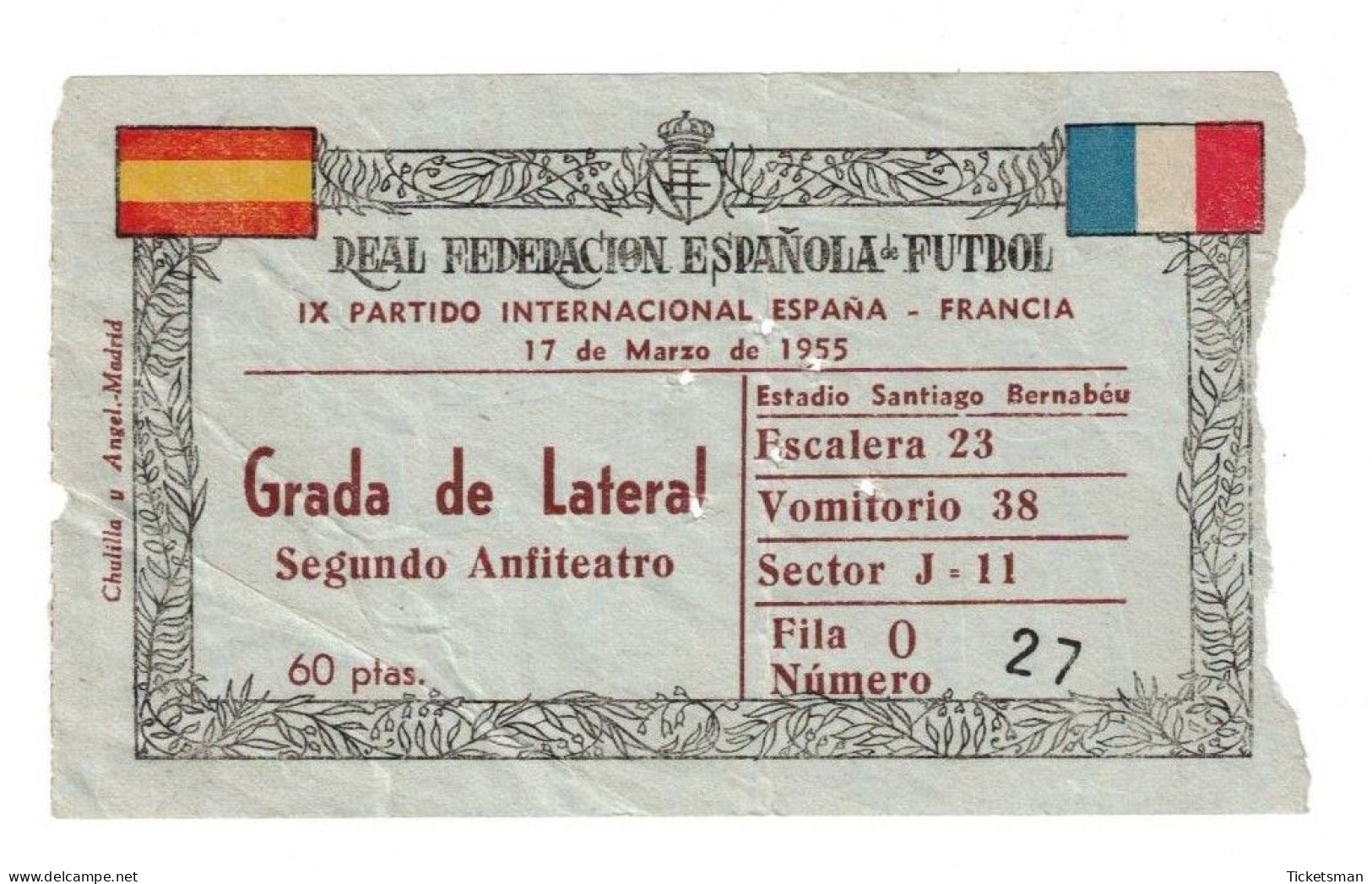 Football Ticket Billet Jegy Biglietto Eintrittskarte Espagne España - France 11/03/1955 - Tickets D'entrée