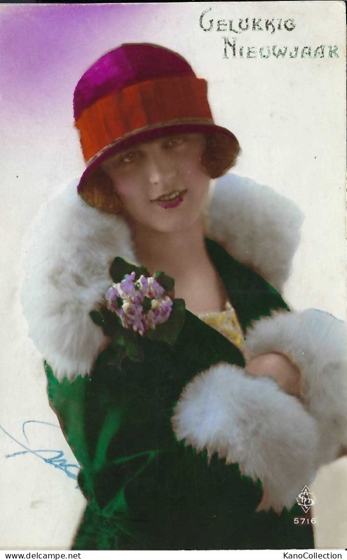 Hübsche Dame Mit Hut, Holländische Neujahrskarte, Gelaufen 1928 - Frauen