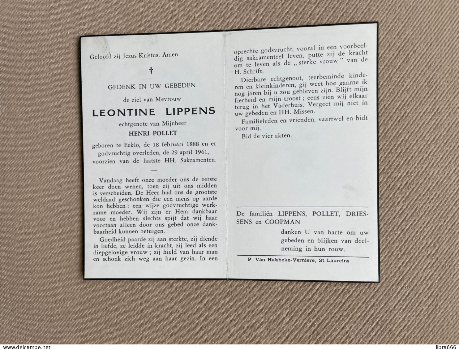 LIPPENS Leontine °EEKLO 1888 +EEKLO 1961 - POLLET - DRIESSENS - COOPMAN - Avvisi Di Necrologio