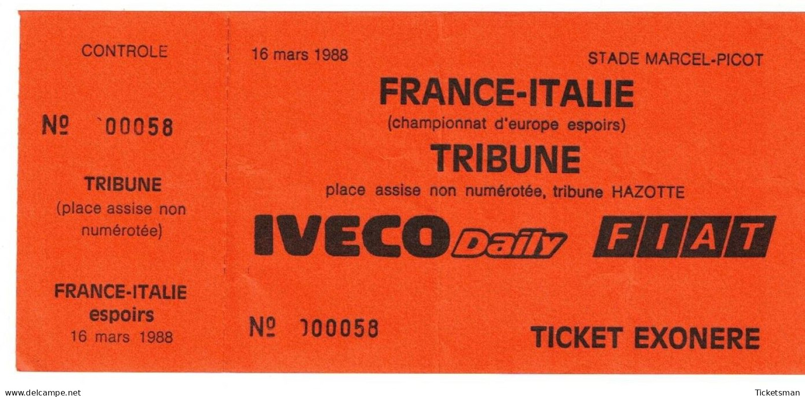 Football Ticket Billet Jegy Biglietto Eintrittskarte France - Italie Italia 16/03/1988 "U21" - Toegangskaarten