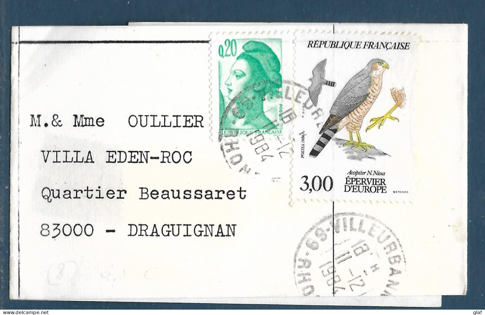 Bande De Revue Affranchie 0,20 Liberté De Gandon Et 3,00 Epervier Tàd 69 Villeurbanne 11.12.1984 - Postal Rates