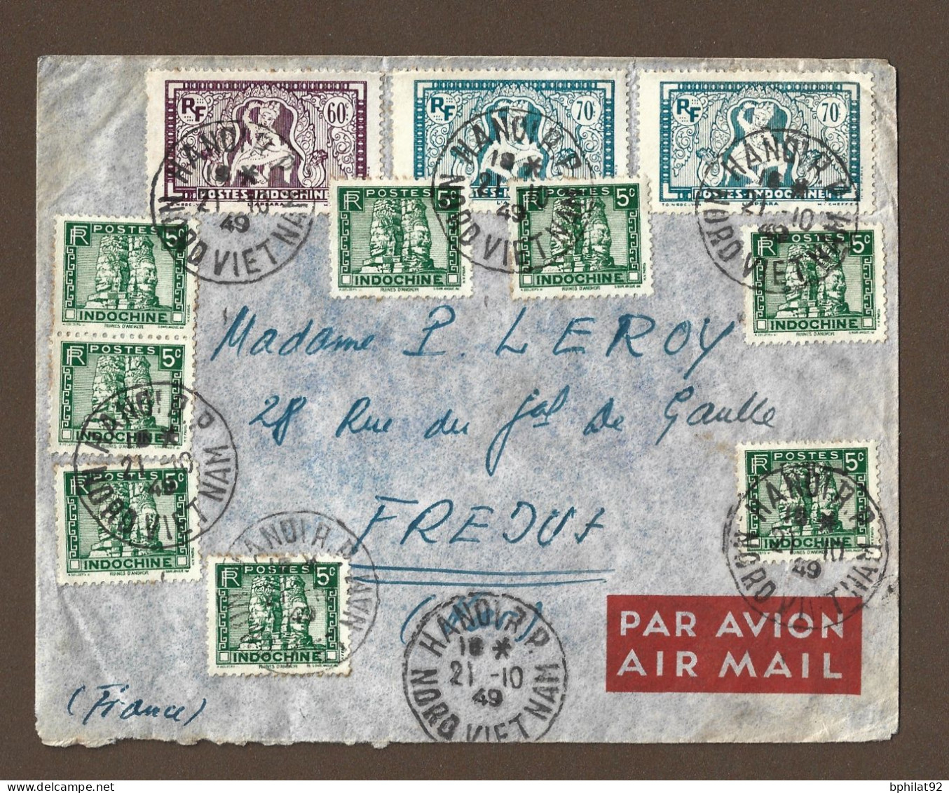 !!! INDOCHINE, LETTRE DE HANOI POUR LA FRANCE DE 1949 AVEC AFFRANCHISSEMENT SPECTACULAIRE - Lettres & Documents