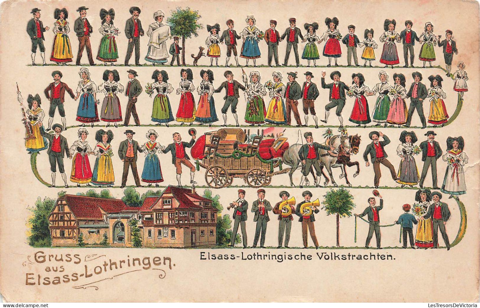 FOLKLORE - Elsass Lothringische Völkstrachten - Colorisé - Carte Postale Ancienne - Costumes