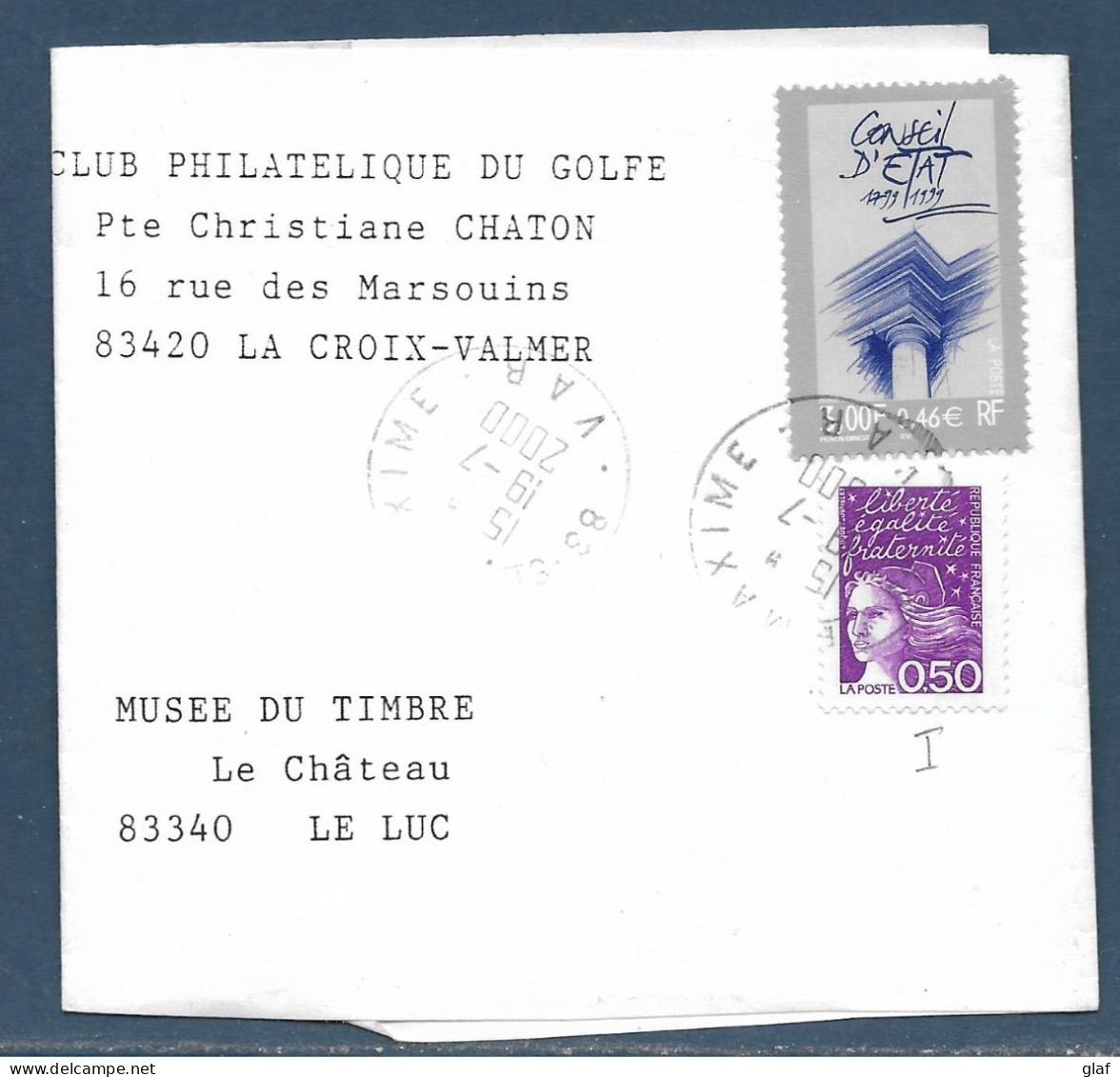 Bande De Revue Affranchie 0,50 Marianne De Luquet Et 0,46 € Conseil D’Etat Tàd 83 Ste Maxime 19.7.2000 - Tariffe Postali