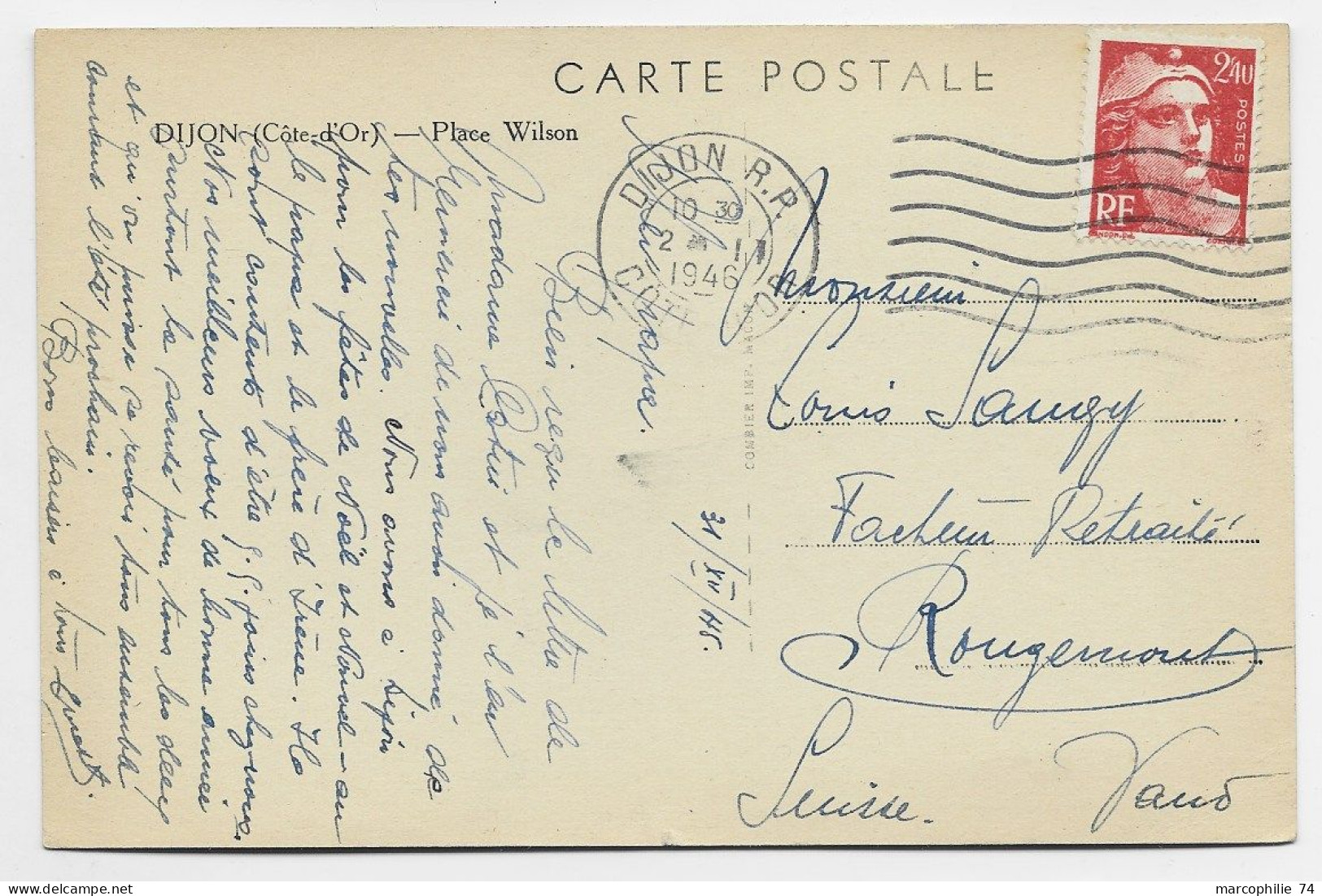 GANDON 2FR40 N° 714 SEUL CARTE MEC DIJON RP 2.1.1946 POUR SUISSE AU TARIF PEU COMMUN - 1945-54 Marianne De Gandon