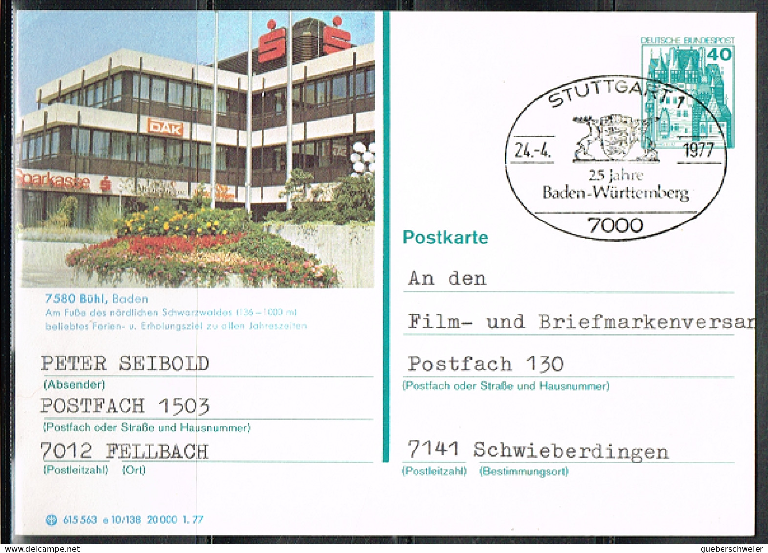 FLOR-L192 - ALLEMAGNE Entier Postal Illustrée De Bühl Baden Obl. Temp. Stuttgart 1977 - Cartes Postales Illustrées - Oblitérées