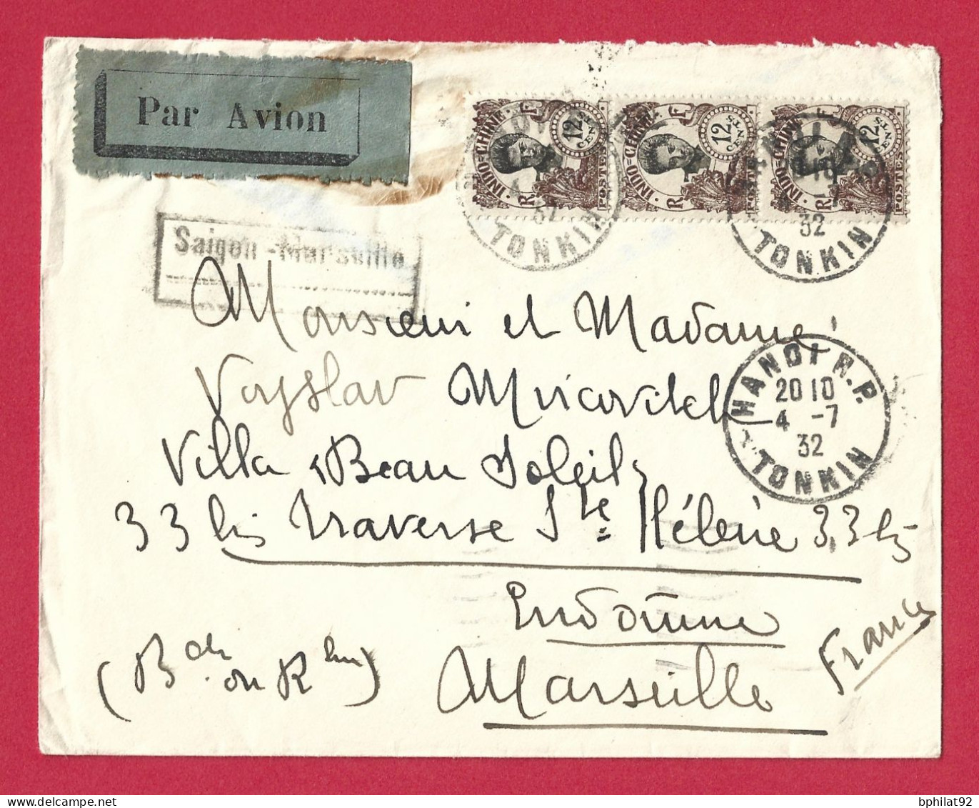 !!! INDOCHINE, LETTRE PAR AVION DE HANOI POUR LA FRANCE DE 1932, AFFRANCHISSEMENT TYPE ANNAMITE, RR - Luftpost