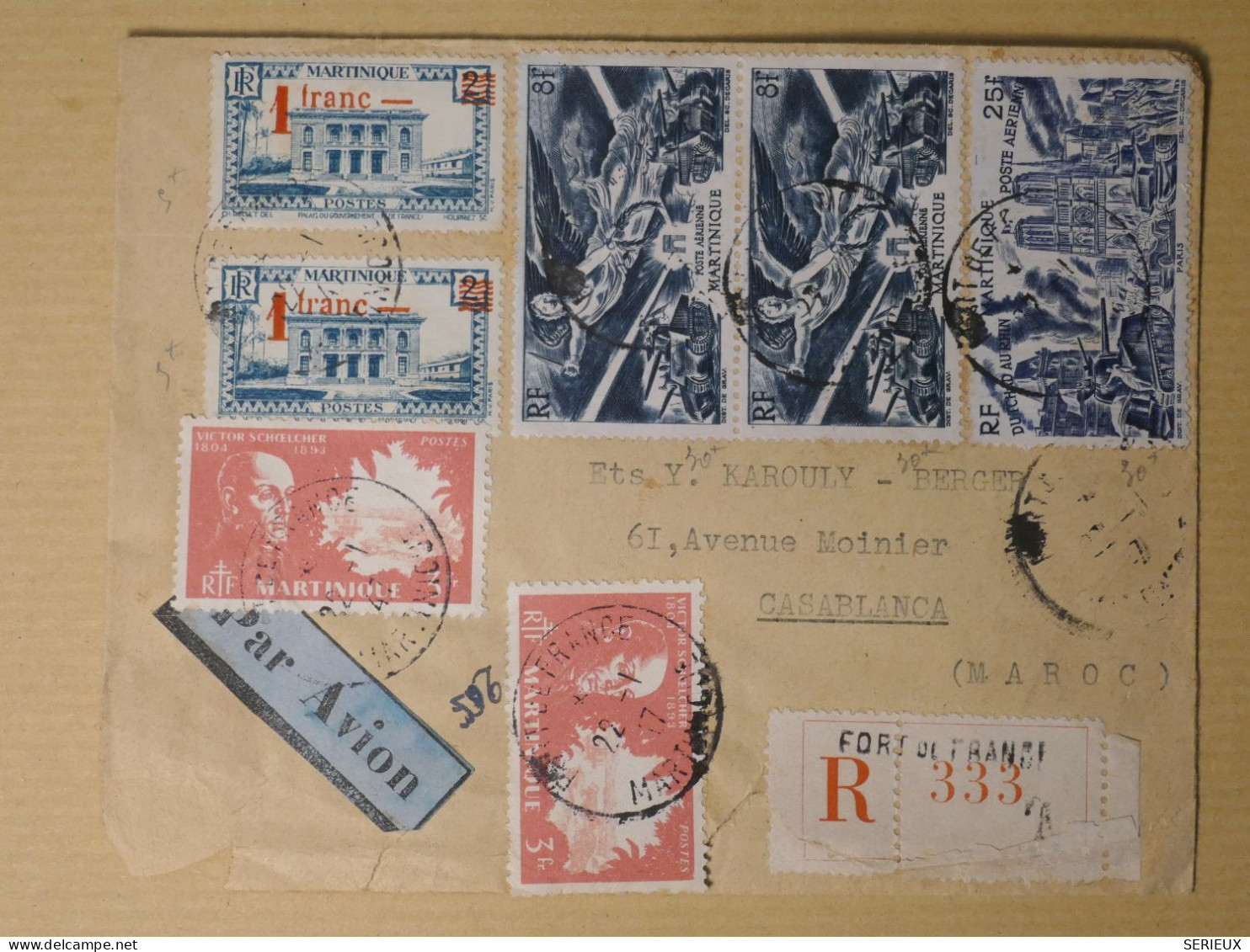 DN9 MARTINIQUE  BELLE  LETTRE  RECO RARE DEST. 1947 FORT DE FRANCE  A CASABLANCA MAROC +VIGNETTE + AFF.  INTERESSANT++ - Briefe U. Dokumente