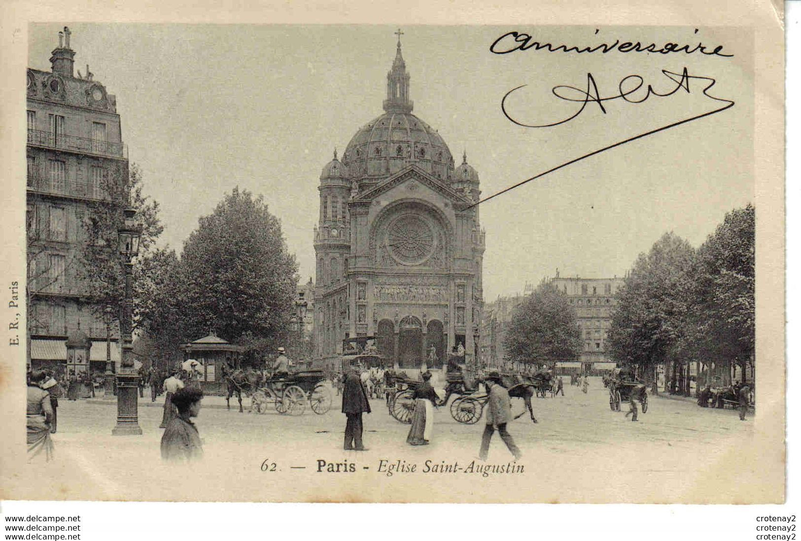 75 PARIS N°62 Eglise Saint Augustin Kiosque Calèches Attelages Chevaux Gendarme En 1904 E.R Paris VOIR DOS Non Séparé - Eglises