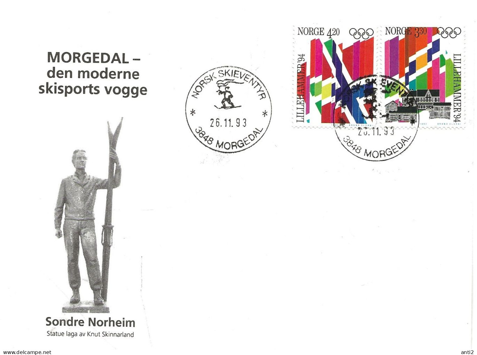 Norge Norway 1993 Morgedal - Sondre Norheim - Skiing Start. Flags Mi 1105-1106 Cancelled Morgedal 28.11.93 - Lettres & Documents