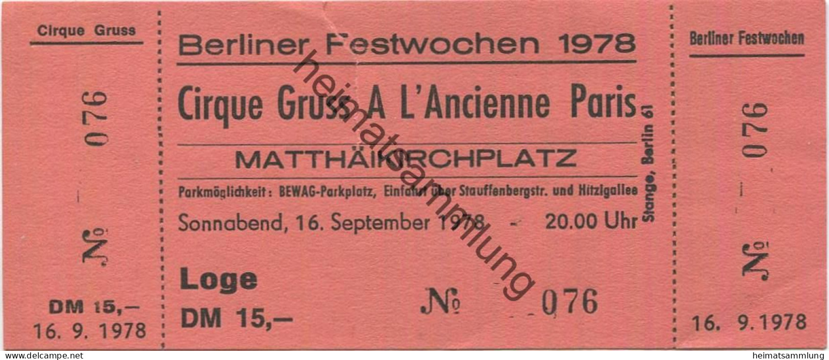 Deutschland - Berlin - Berliner Festwochen 1978 - Matthäikirchplatz - Cirque Gruss A L'Ancienne Paris - Eintrittskarte - Biglietti D'ingresso