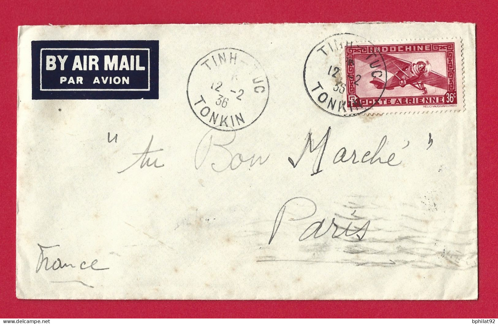 !!! INDOCHINE, LETTRE PAR AVION DE TINH-TUC POUR PARIS DE 1936 AVEC CACHET DE TRANSIT AU VERSO - Luftpost