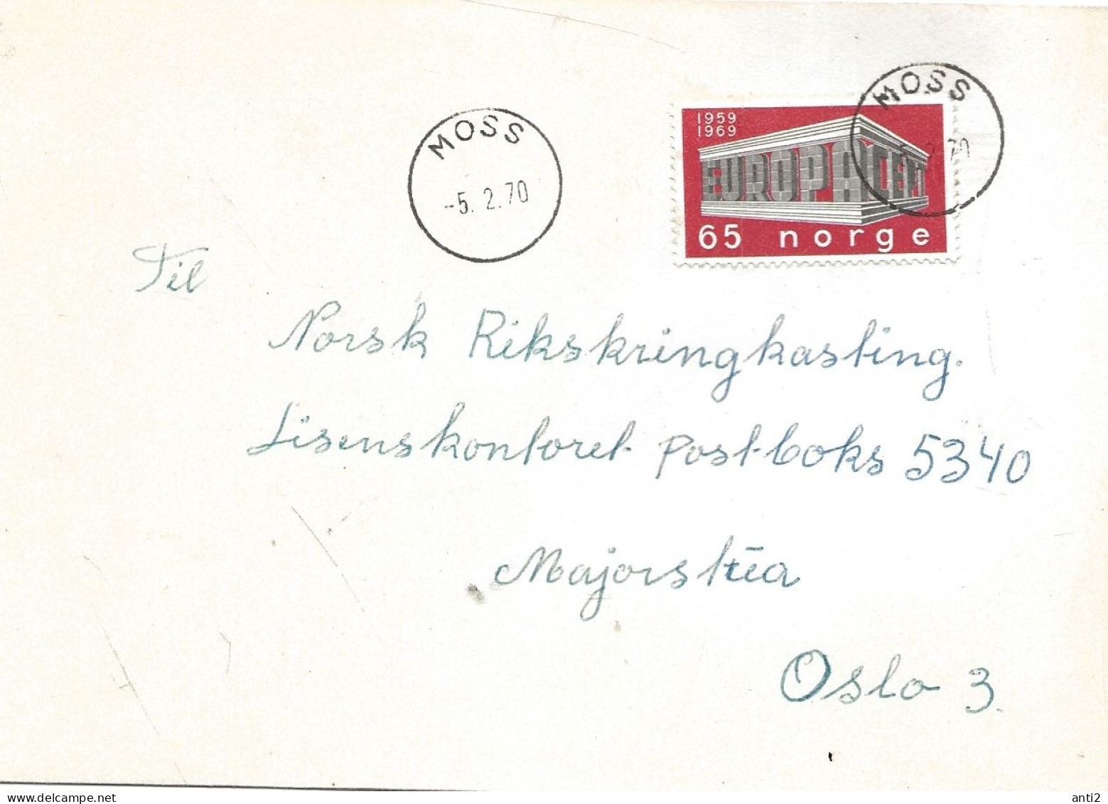 Norway Norge 1970 Cover With Europa Cept   Mi 583 Cancelled Moss 5.2.70 - Covers & Documents