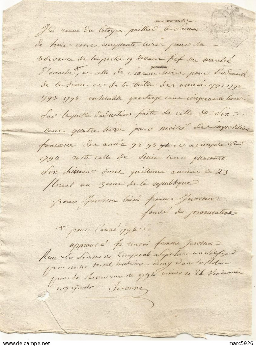 N°1908 ANCIENNE LETTRE DE JEROME ( A Dechiffrer ) AVEC CACHET  DATE 1794 - Historische Dokumente