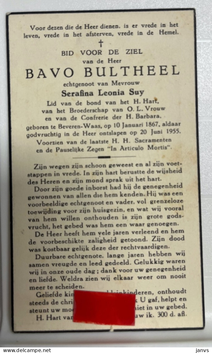 Devotie DP - Overlijden Bavo Bultheel Echtg Suy - Beveren-Waas 1867 - 1955 - Décès