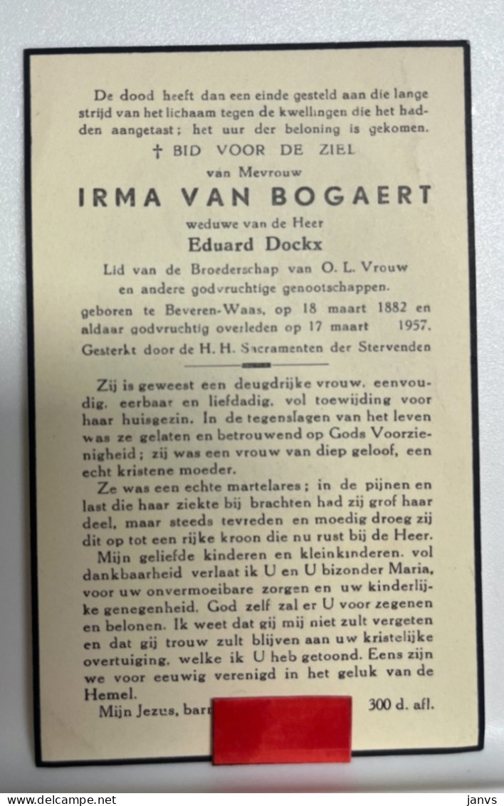 Devotie DP - Overlijden Irma Van Bogaert Wwe Dockx - Beveren-Waas 1882 - 1957 - Décès