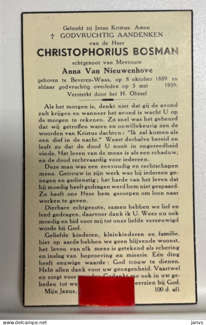 Devotie DP - Overlijden Christophorius Bosman Echtg Van Nieuwenhove - Beveren-Waas 1889 - 1959 - Avvisi Di Necrologio