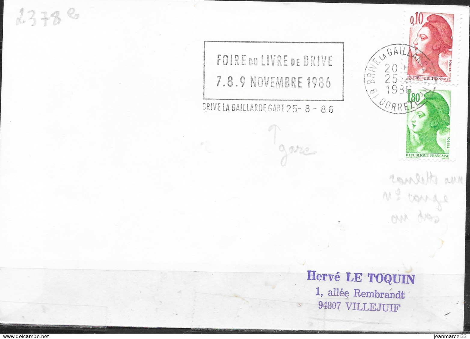 Roulette Sur Lettre 1,80 Liberté Vert Avec N° Rouge Au Dos, Oblitération Mécanique Brive La Gaillarde Gare 25-8-86 - Coil Stamps