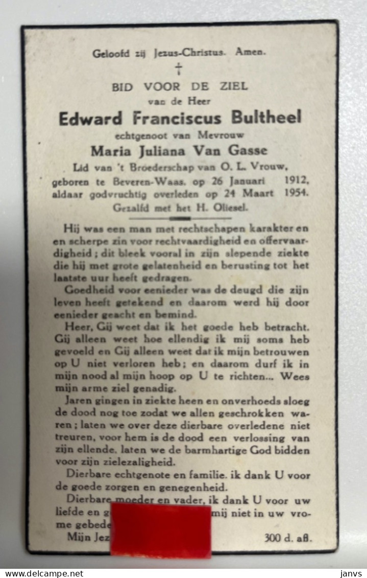 Devotie DP - Overlijden Edward Bultheel Echtg Van Gasse - Beveren-Waas 1912 - 1954 - Avvisi Di Necrologio