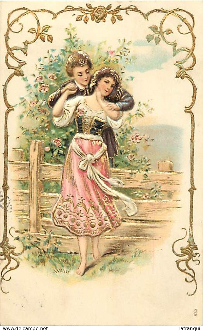 Themes Div-ref VV598- Carte Gaufrée- Couples - Couple - Fond Doré - Dorures  - - Koppels