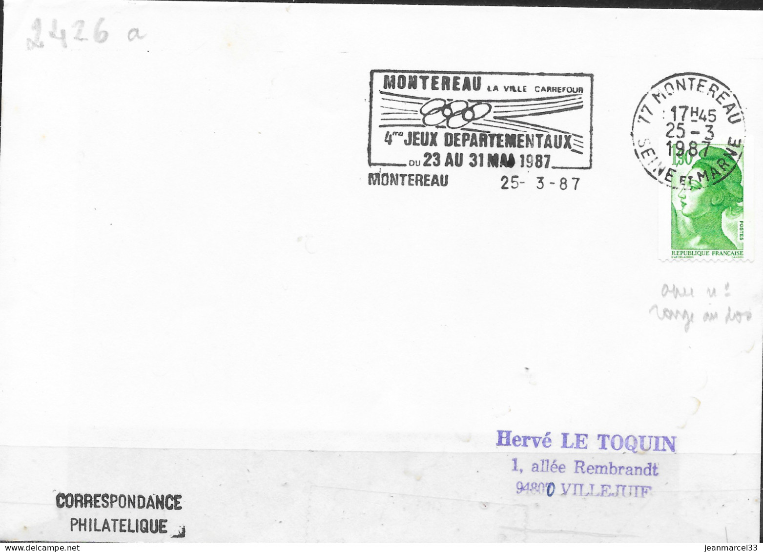 Roulette Sur Lettre 1,90 Liberté Vert Avec N° Rouge Au Dos, Oblitération Mécanique Montereau 25-3-87 - Rollo De Sellos