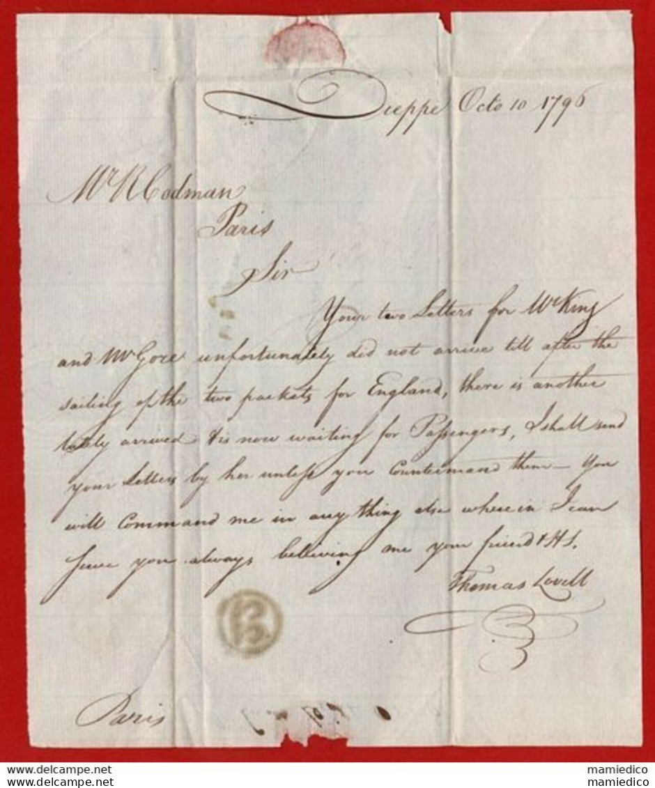 ENVELOPPPE-LETTRE  Envoyée De DIEPPE Vers Paris 10 Octobre 1796. 3 Scans. Très Bon état. N°1 - Unclassified