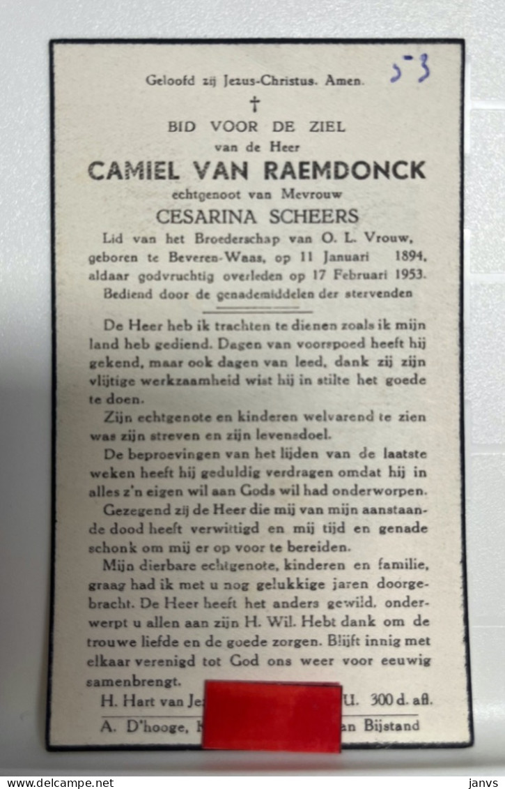 Devotie DP - Overlijden Camiel Van Raemdonck Echtg Scheers - Beveren-Waas 1894 - 1953 - Avvisi Di Necrologio
