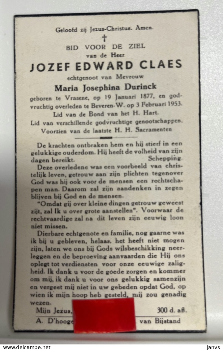 Devotie DP - Overlijden Jozef Claes Echtg Durinck - Vrasene 1877  - Beveren-Waas 1953 - Avvisi Di Necrologio