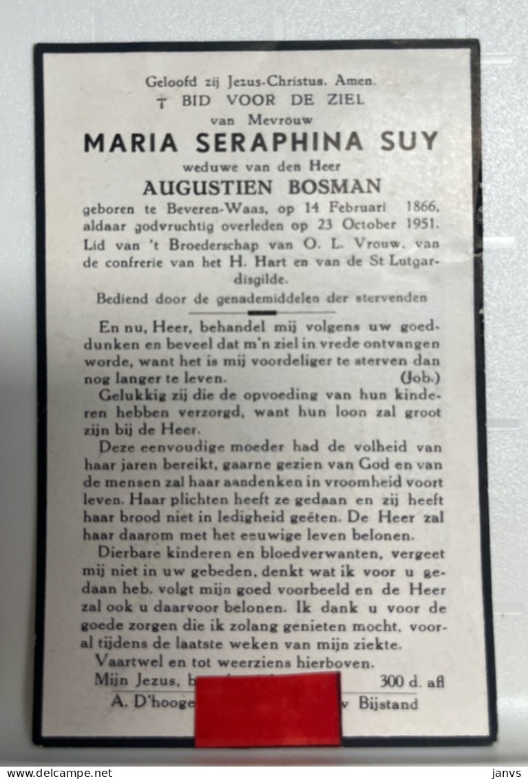 Devotie DP - Overlijden Maria Suy Wwe Bosman - Beveren-Waas 1866 - 1951 - Avvisi Di Necrologio