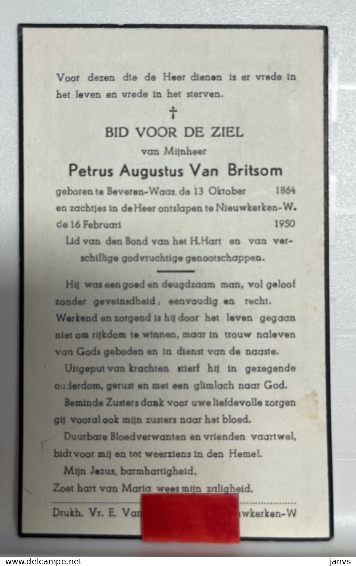 Devotie DP - Overlijden Petrus Van Britsom - Beveren-Waas 1864 - Nieuwkerken-W 1950 - Avvisi Di Necrologio