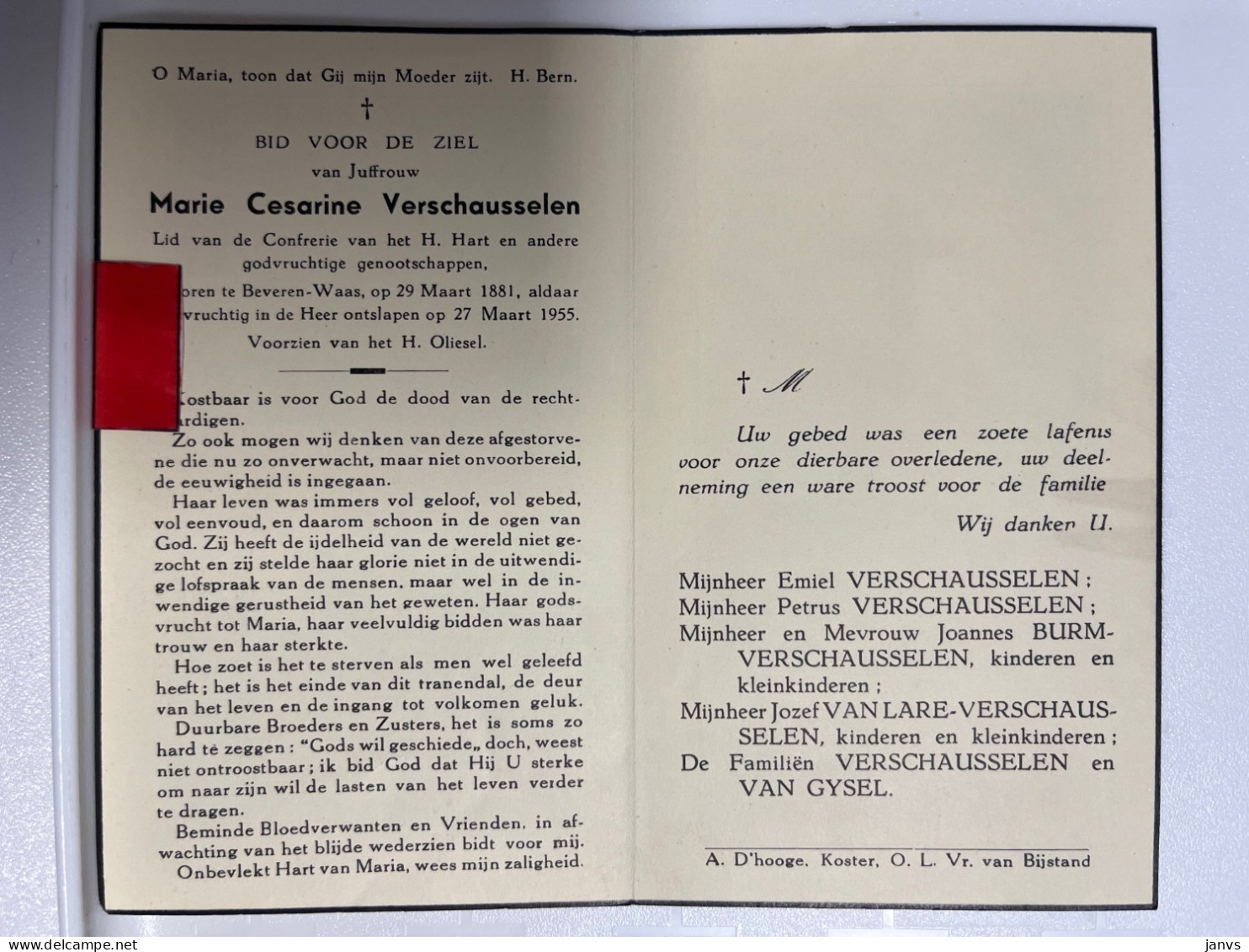 Devotie DP - Overlijden Marie Verschausselen - Beveren-Waas 1881 - 1955 - Décès