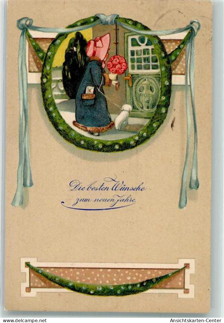 10684104 - Winter Passepartout Frau Hund Rosen Lithographie - New Year