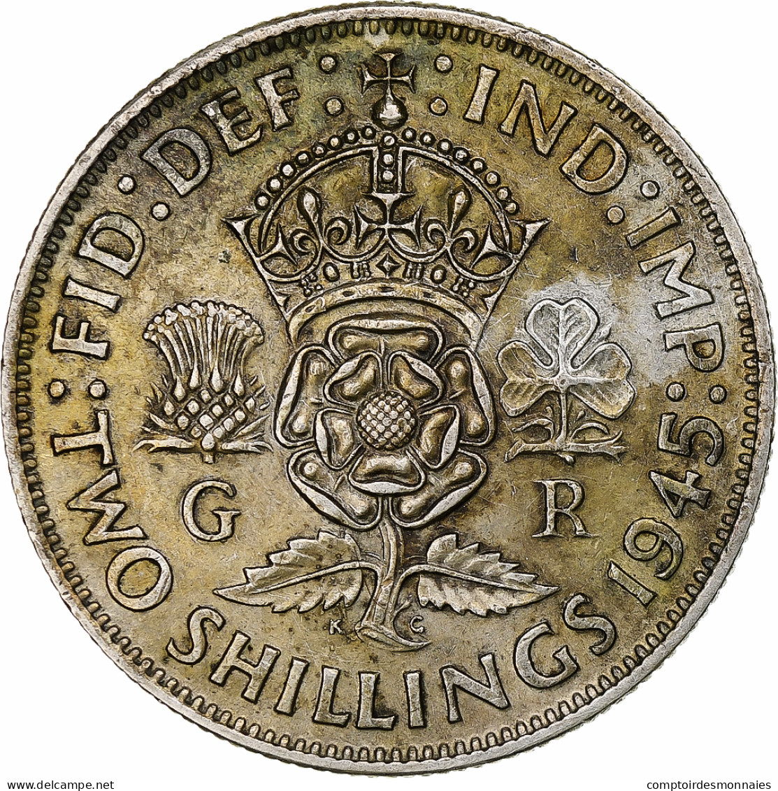 Grande-Bretagne, George VI, 2 Shillings, 1945, Londres, Argent, TTB+ - J. 1 Florin / 2 Shillings