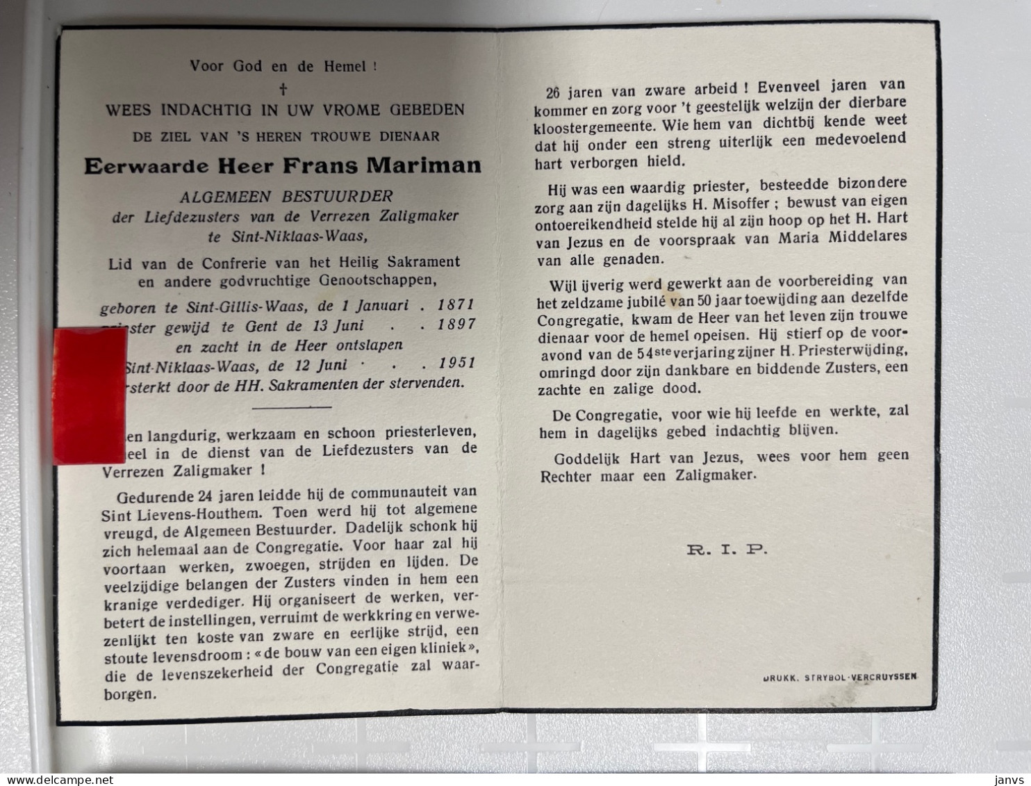 Devotie DP - Overlijden Priester Frans Mariman - Sint-Gillis-Waas 1871 - Sint-Niklaas 1951 - Gewijd Te Gent - Obituary Notices