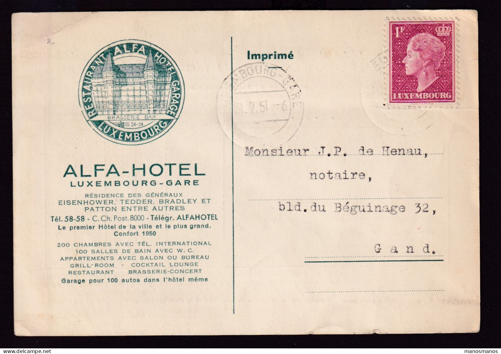 DDGG 022  -- HOTELS - Carte Illustrée ALFA-HOTEL TP Joséphine Charlotte LUXEMBOURG Gare 1951 Vers Gand - Brieven En Documenten