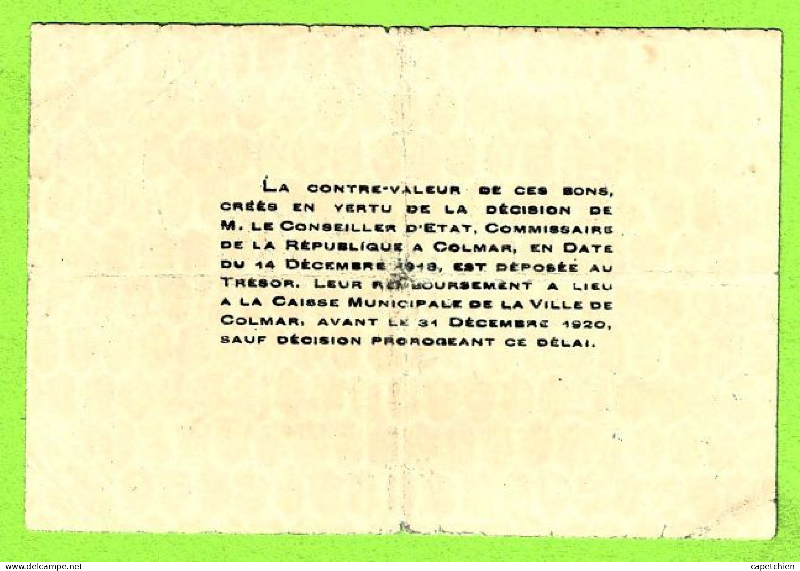 FRANCE / VILLE De COLMAR / 1 FRANC / 15 DECEMBRE1918 / N° 37868 SERIE A - Chambre De Commerce